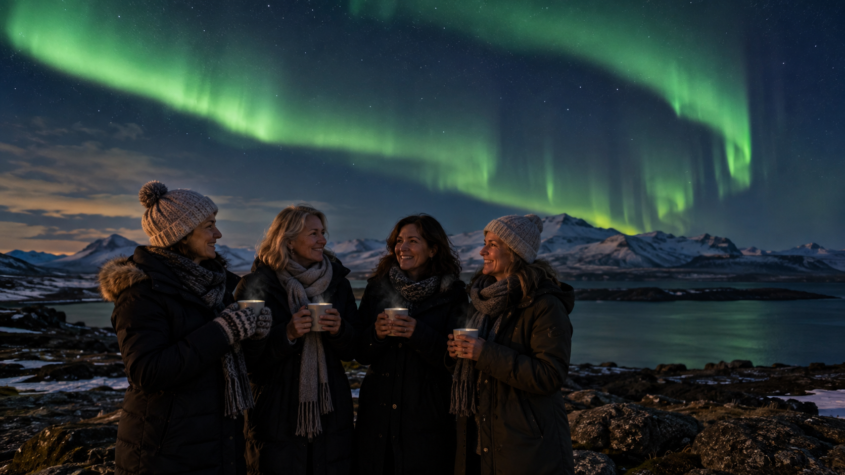 Women sharing hot drinks beneath the Northern Lights
