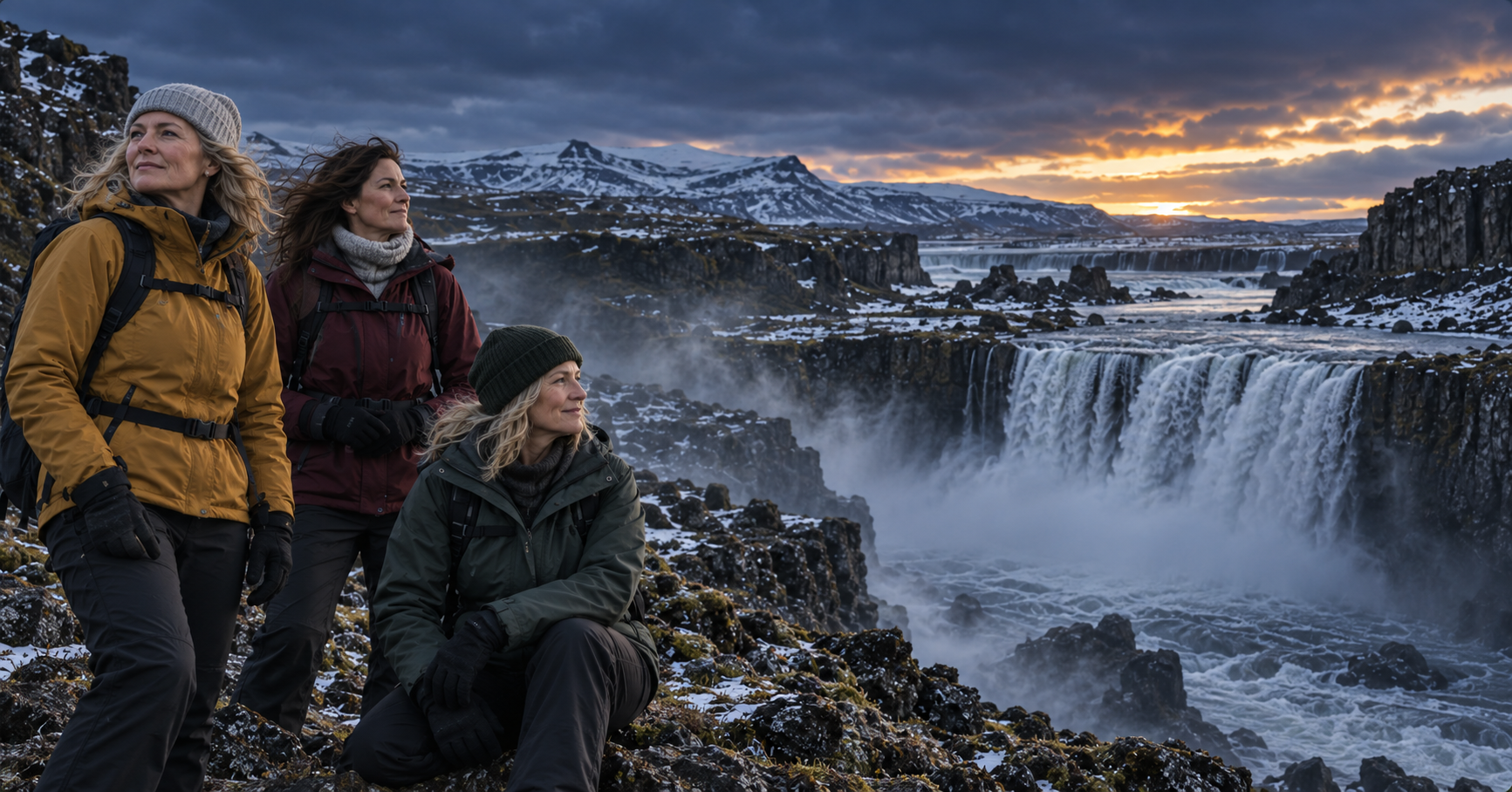 Women exploring Iceland beside a dramatic waterfall